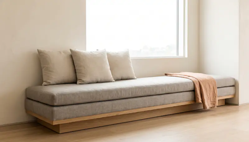 A custom upholstered window bench