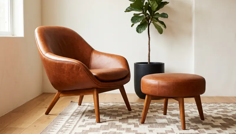 A cognac leather armchair and ottoman