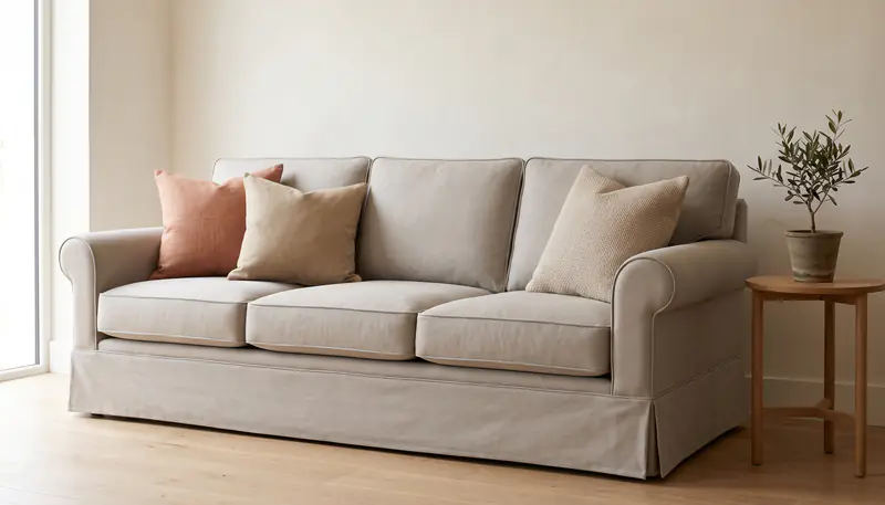 A sofa with a fitted slipcover